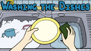水を溜めて皿を洗っている手と記事のタイトル「Washing the Dishes」
